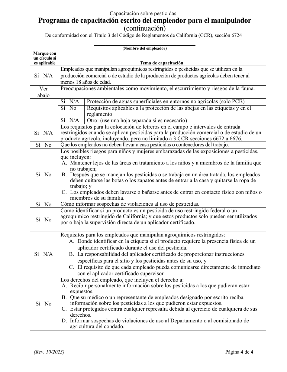 Programa De Capacitacion Escrito Del Empleador Para El Manipulador - California (Spanish), Page 4