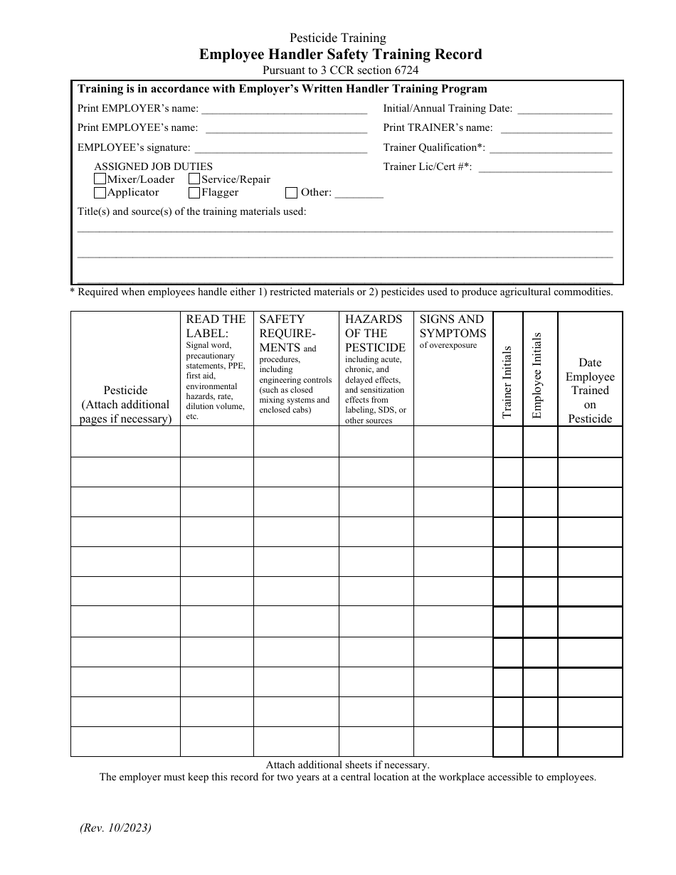 California Employee Handler Safety Training Record - Fill Out, Sign 