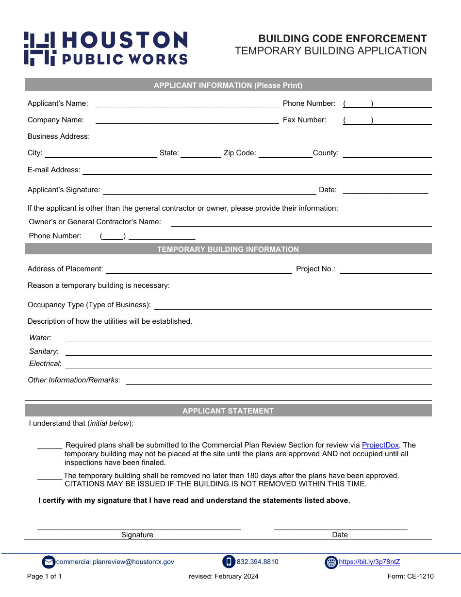 Form CE-1210 Temporary Building Application - City of Houston, Texas, Page 1