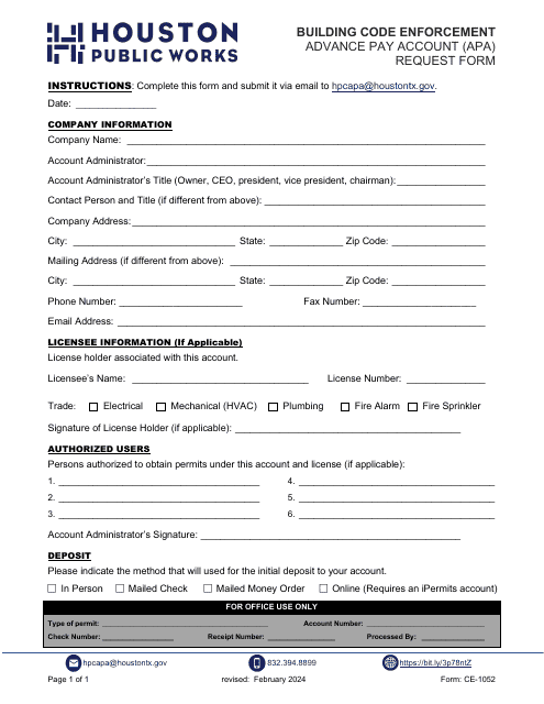 Form CE-1052 Advance Pay Account (Apa) Request Form - City of Houston, Texas