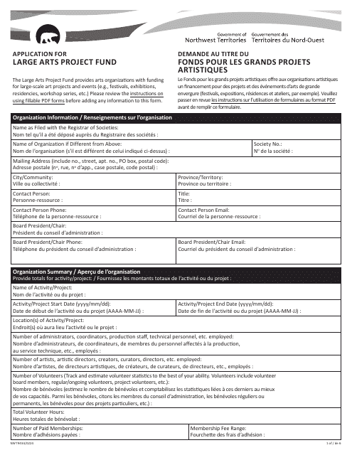 Form NWT9434 Application for Large Arts Project Fund - Northwest Territories, Canada (English/French)