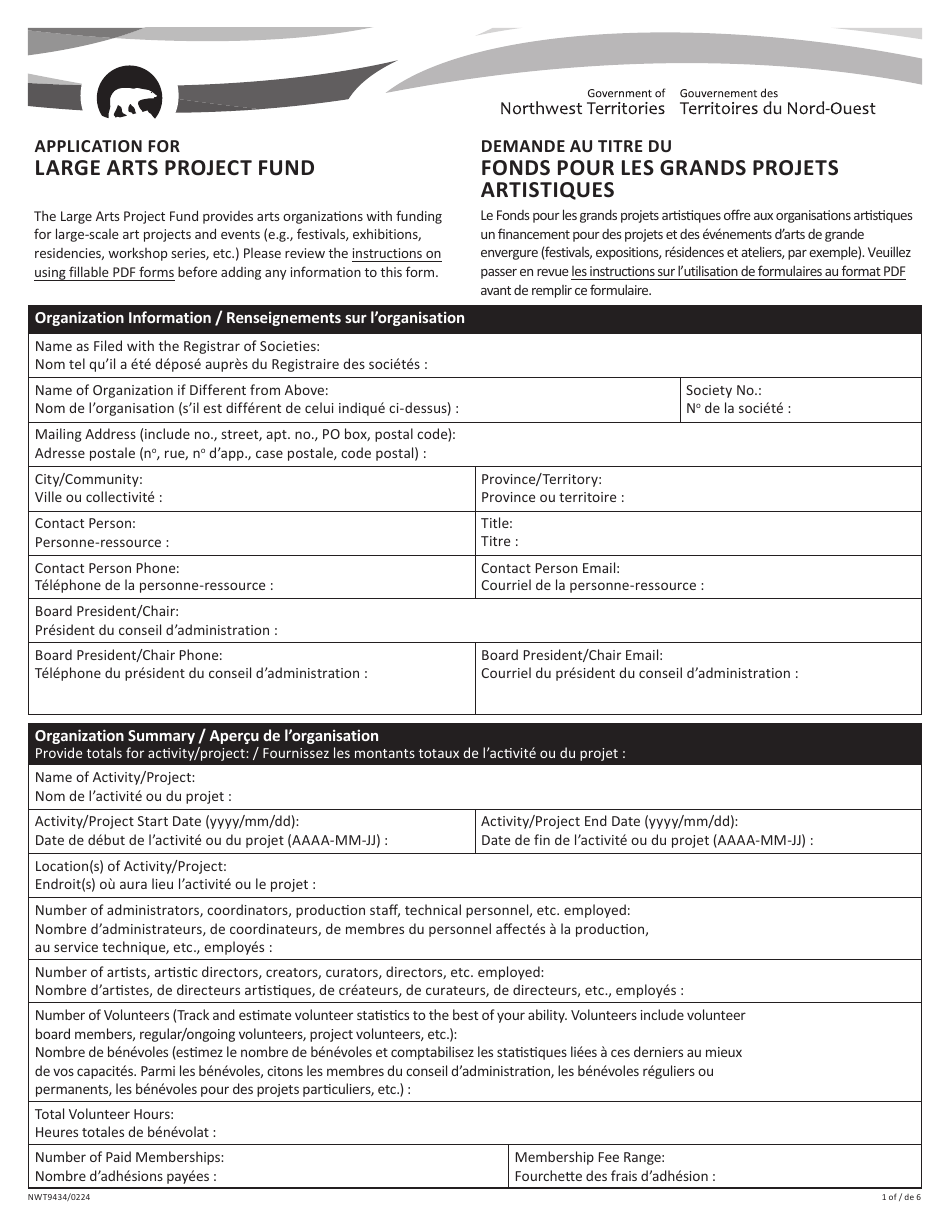 Form NWT9434 Application for Large Arts Project Fund - Northwest Territories, Canada (English / French), Page 1
