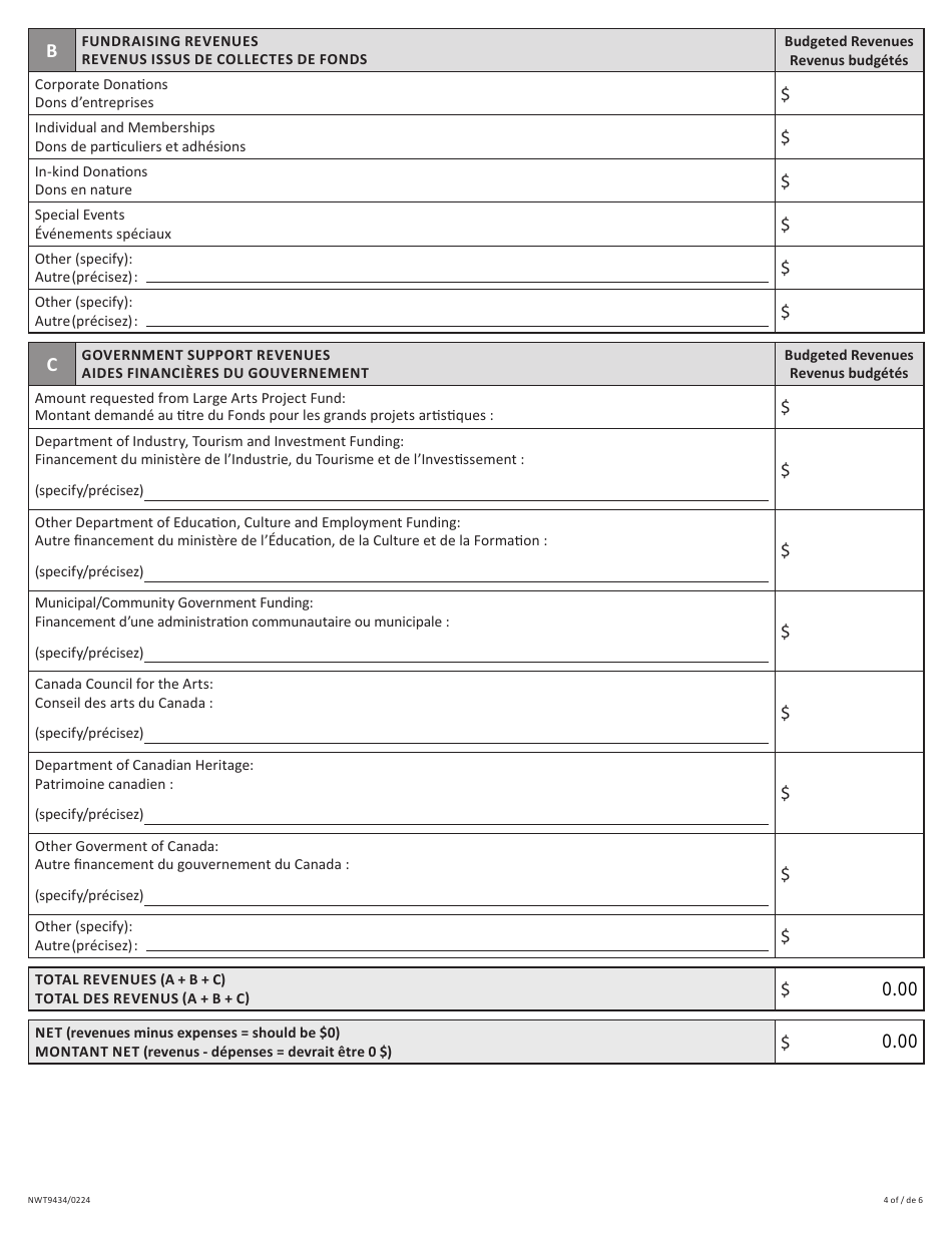 Form NWT9434 Application for Large Arts Project Fund - Northwest Territories, Canada (English / French), Page 4