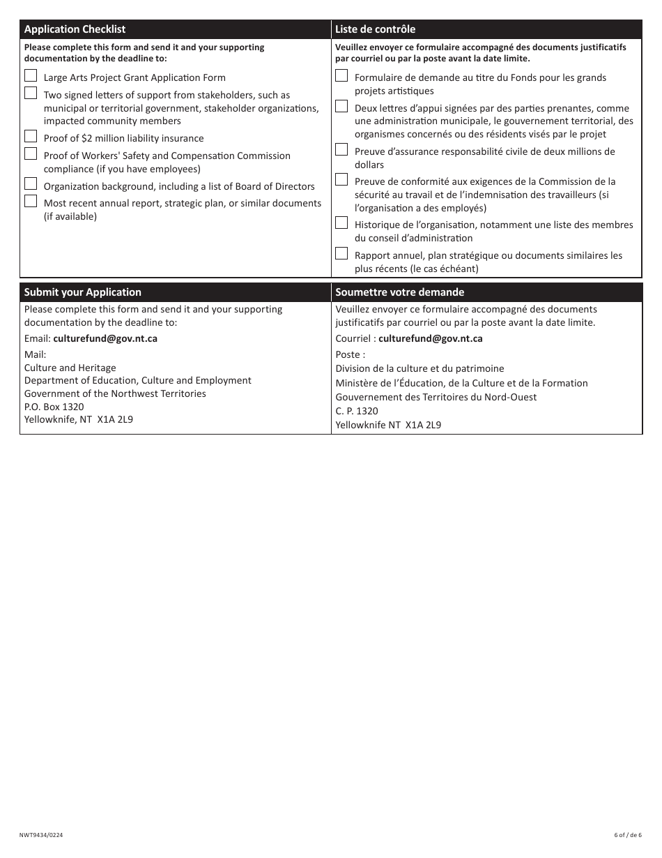 Form NWT9434 Application for Large Arts Project Fund - Northwest Territories, Canada (English / French), Page 6