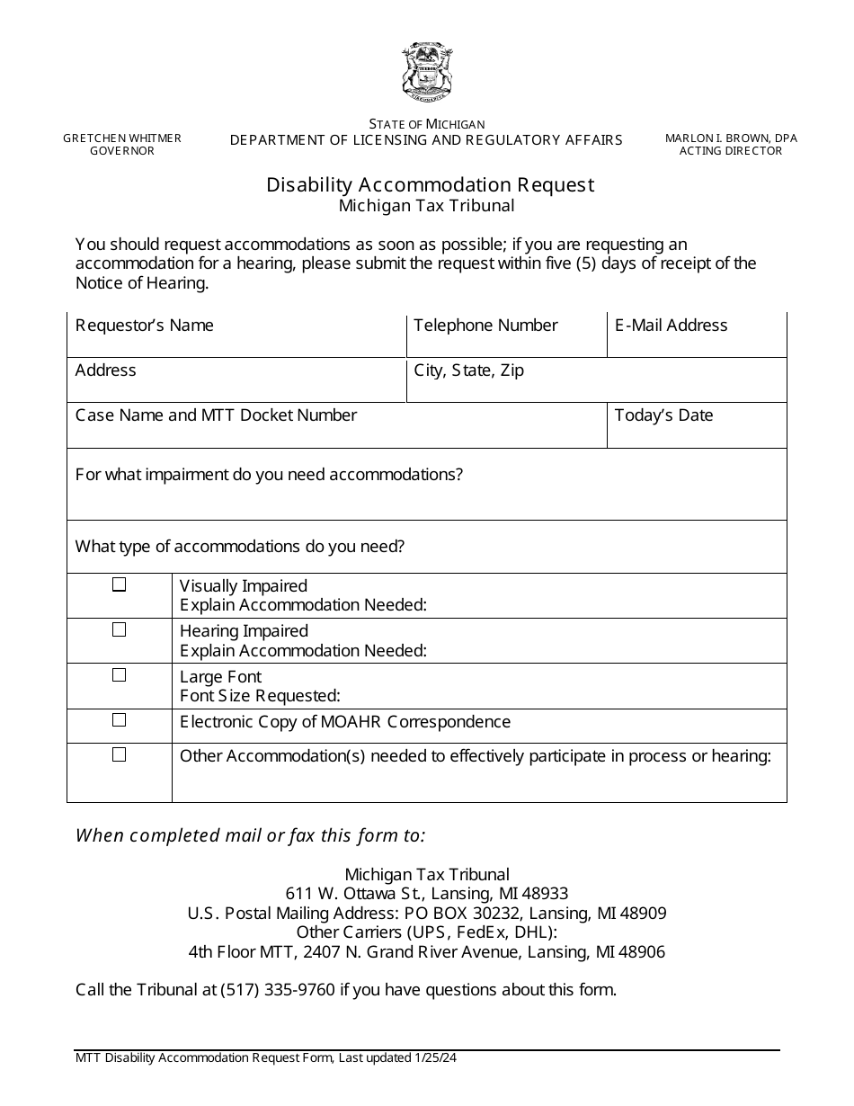 Disability Accommodation Request - Michigan, Page 1