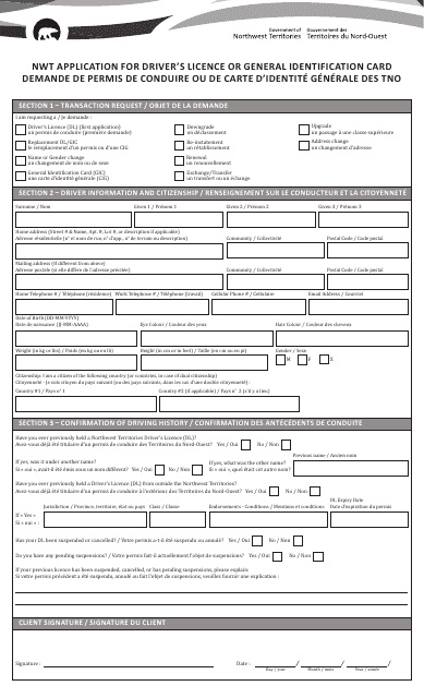 Nwt Application for Driver's Licence or General Identification Card - Northwest Territories, Canada (English / French) Download Pdf