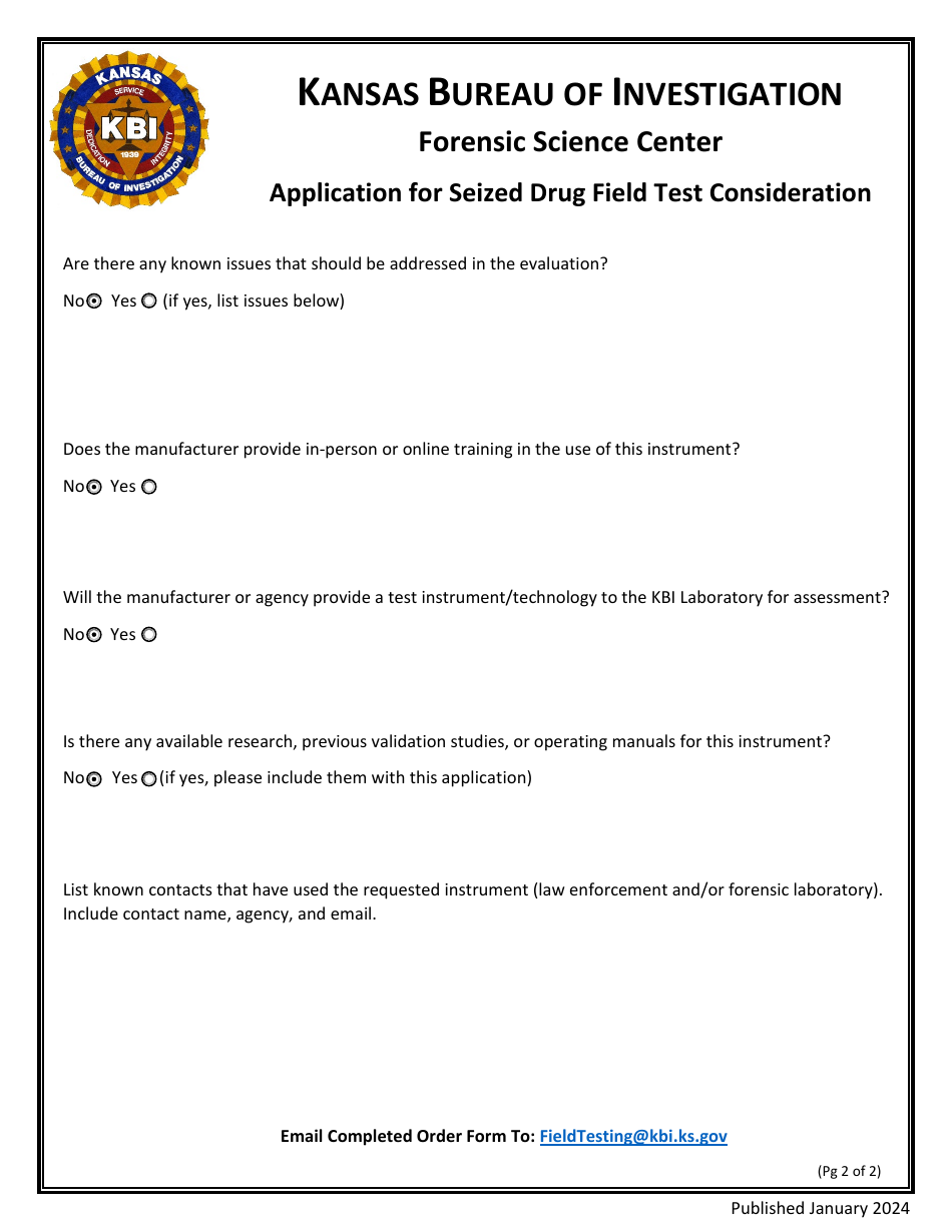 Application for Seized Drug Field Test Consideration - Kansas, Page 2