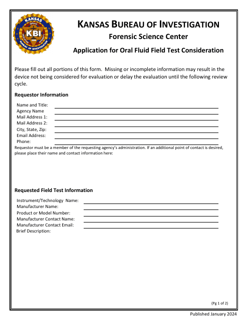 Application for Oral Fluid Field Test Consideration - Kansas Download Pdf