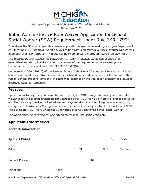 Initial Administrative Rule Waiver Application for School Social Worker (Ssw) Requirement Under Rule 340.1799f - Michigan Download Pdf