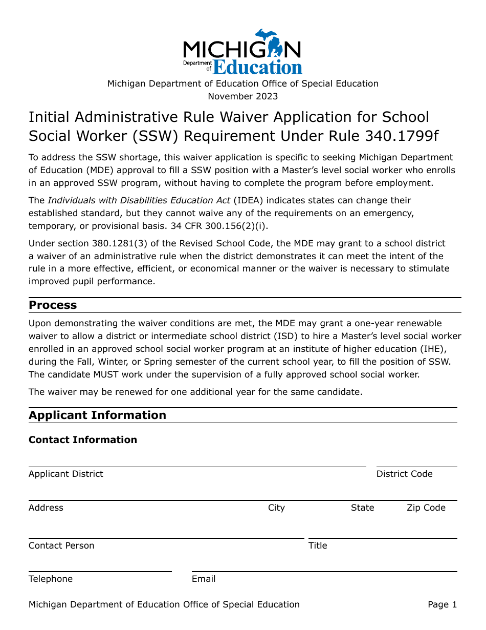 Initial Administrative Rule Waiver Application for School Social Worker (Ssw) Requirement Under Rule 340.1799f - Michigan, Page 1