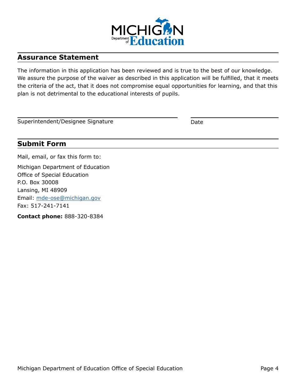 Michigan Initial Administrative Rule Waiver Application for School ...