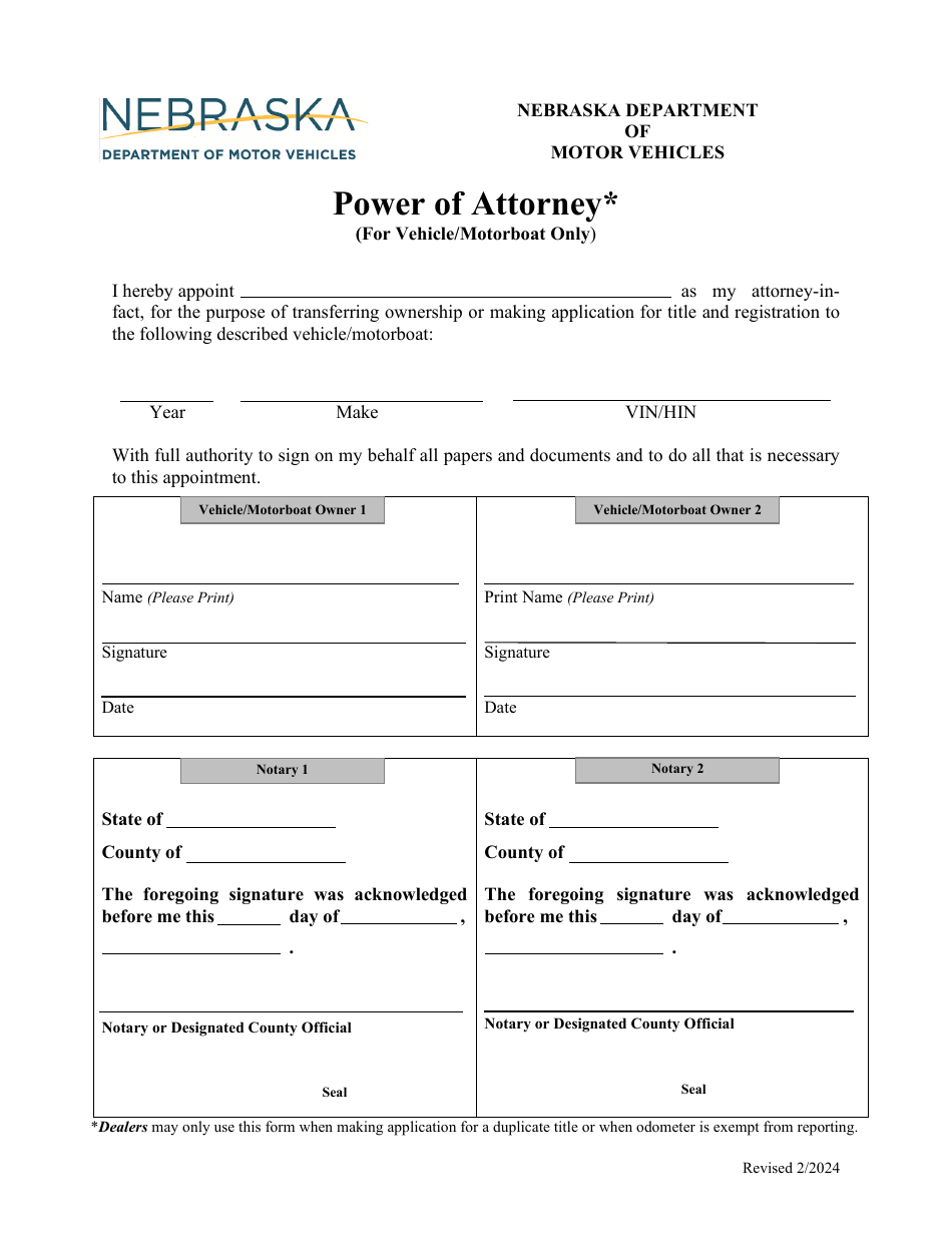 Power of Attorney (For Vehicle / Motorboat Only) - Nebraska, Page 1
