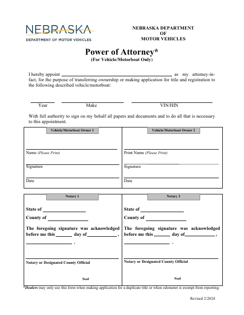 Power of Attorney (For Vehicle / Motorboat Only) - Nebraska Download Pdf