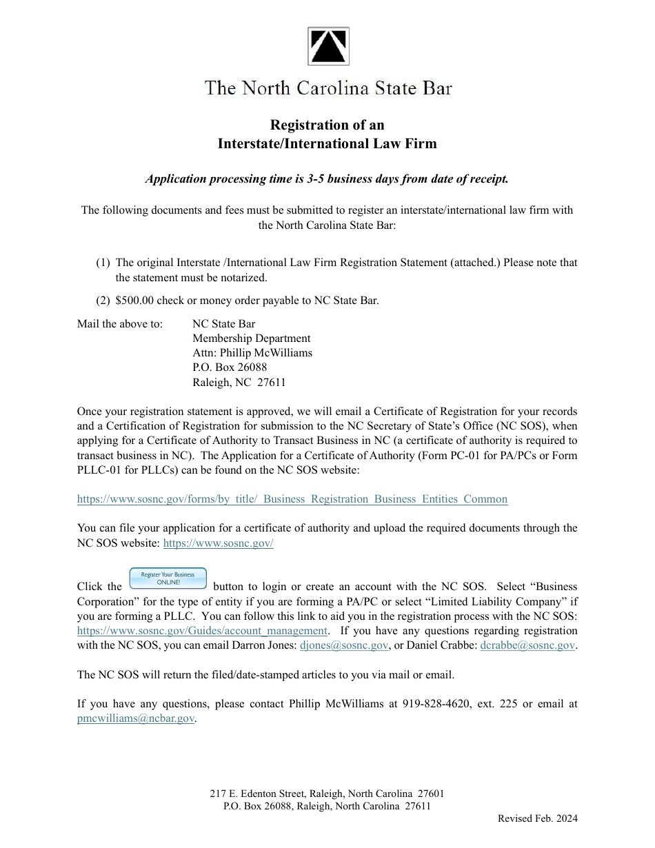 Interstate and International Law Firm Application for Registration Statement - North Carolina, Page 1