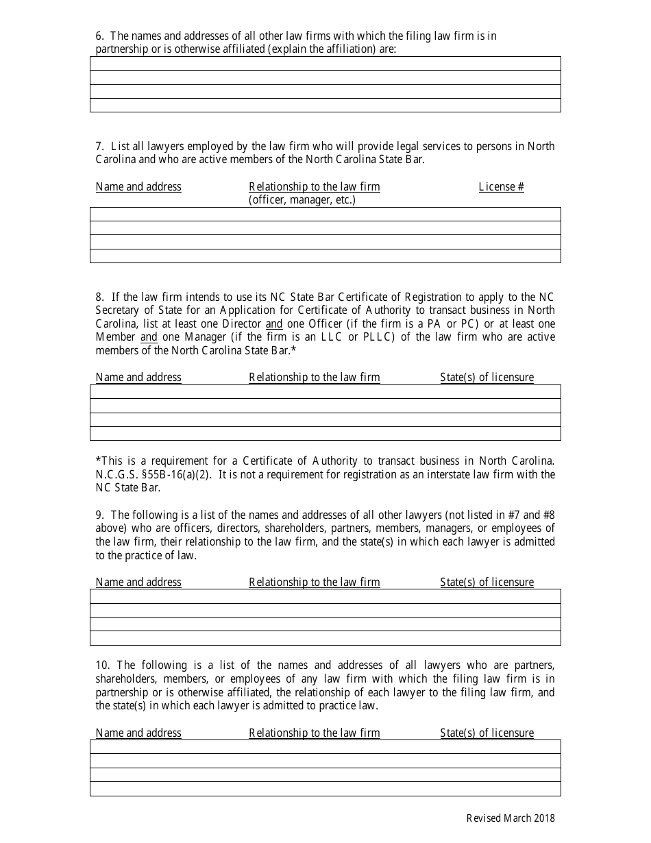 Interstate and International Law Firm Application for Registration Statement - North Carolina, Page 3