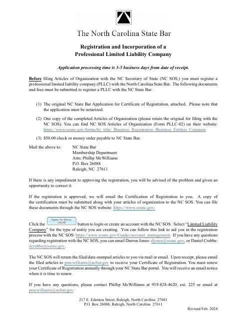 Application for Certificate of Registration for a Professional Limited Liability Company - North Carolina Download Pdf