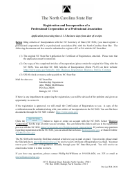 Document preview: Application for Certificate of Registration for a Professional Corporation/Professional Association - North Carolina