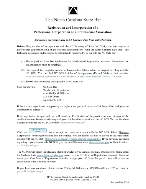 Application for Certificate of Registration for a Professional Corporation / Professional Association - North Carolina Download Pdf