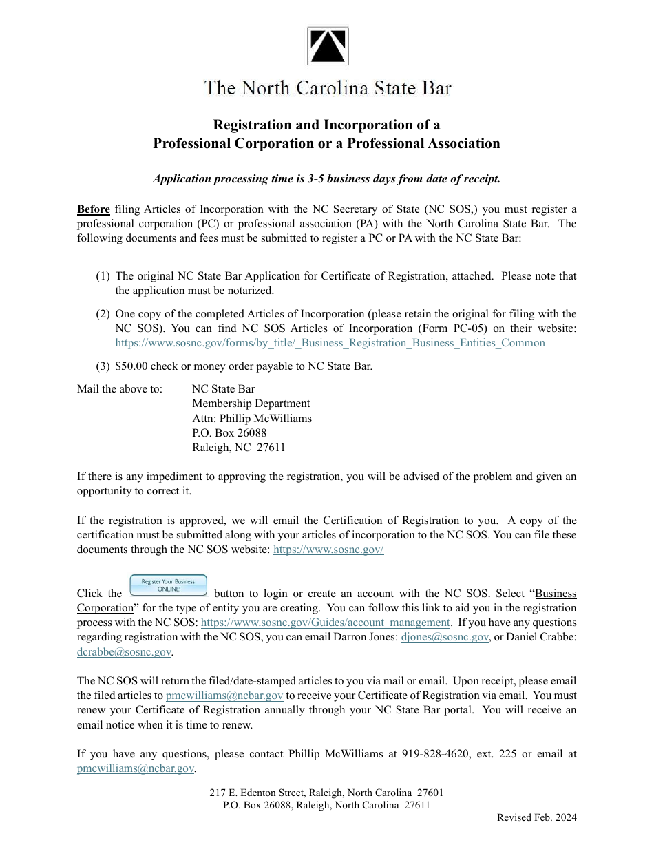 Application for Certificate of Registration for a Professional Corporation / Professional Association - North Carolina, Page 1