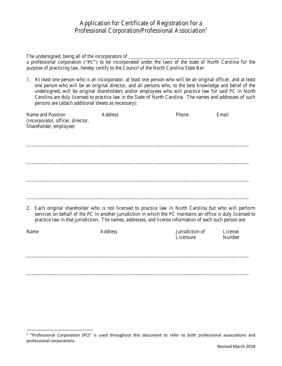 Application for Certificate of Registration for a Professional Corporation / Professional Association - North Carolina, Page 2