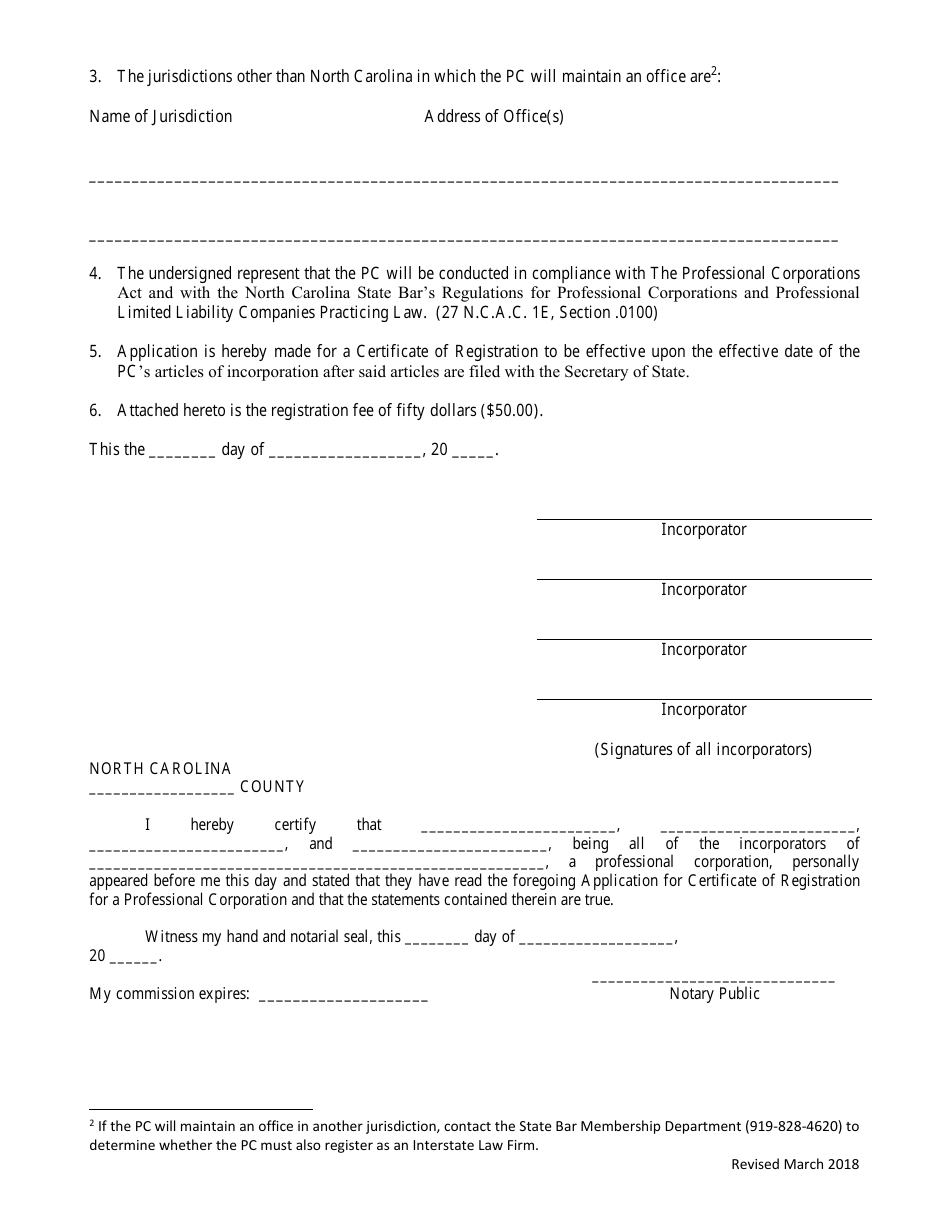Application for Certificate of Registration for a Professional Corporation / Professional Association - North Carolina, Page 3