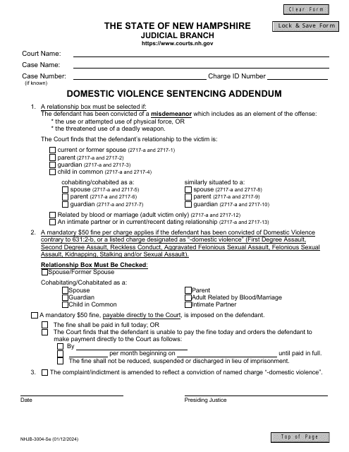 Form NHJB-3004-SE Domestic Violence Sentencing Addendum - New Hampshire