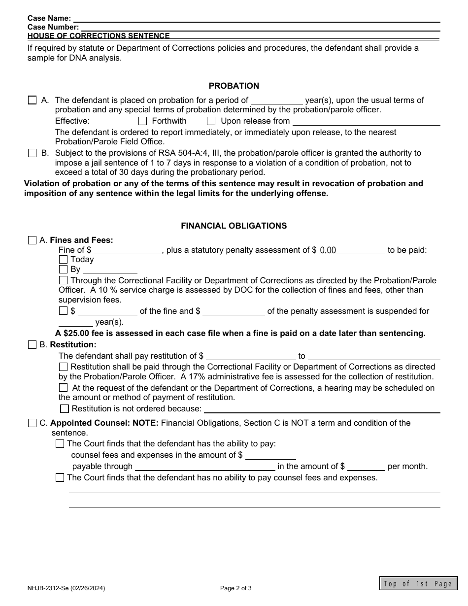 Form NHJB-2312-SE House of Corrections Sentence - New Hampshire, Page 2