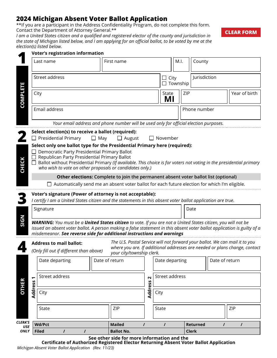 Michigan Michigan Absent Voter Ballot Application Fill Out, Sign