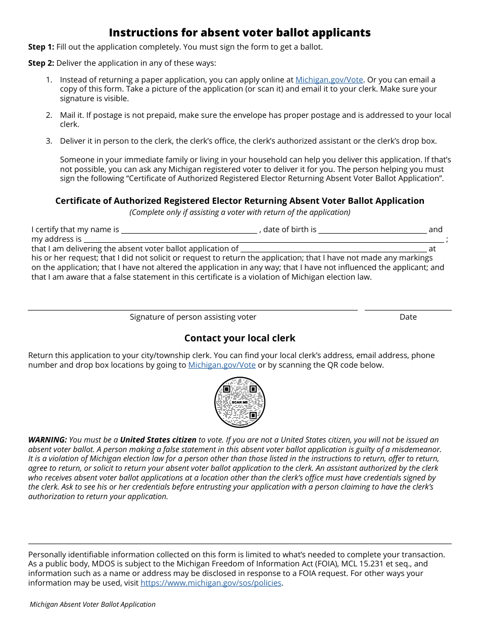 Michigan Michigan Absent Voter Ballot Application Fill Out, Sign