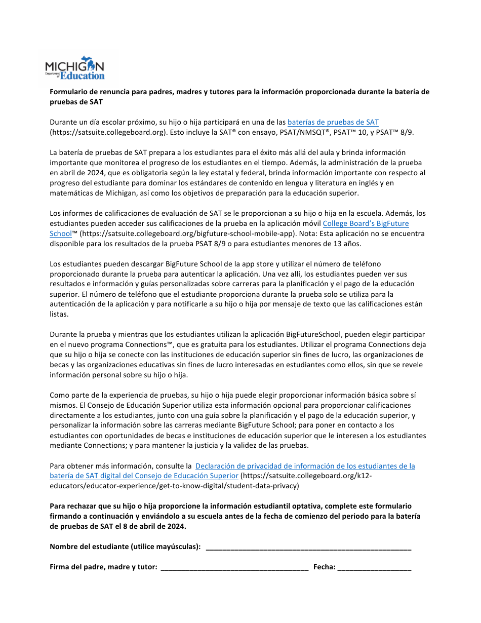 Formulario De Renuncia Para Padres, Madres Y Tutores Para La Informacion Proporcionada Durante La Bateria De Pruebas De Sat - Michigan (Spanish), Page 1