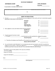 Document preview: Form 100-00502 Writ of Execution - Vermont