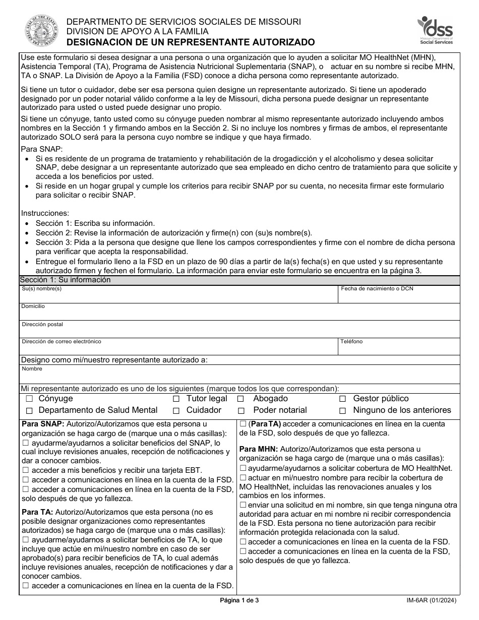 Formulario IM-6AR Designacion De Un Representante Autorizado - Missouri (Spanish), Page 1