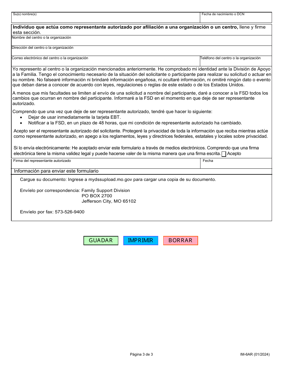 Formulario IM-6AR Designacion De Un Representante Autorizado - Missouri (Spanish), Page 3