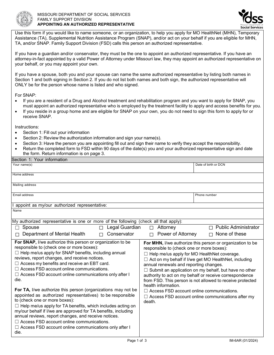 Form IM-6AR Appointing an Authorized Representative - Missouri, Page 1