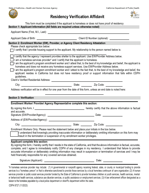 Form CDPH8727 Residency Verification Affidavit - California