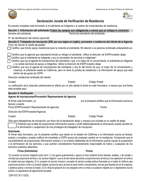 Formulario CDPH8727 SP Declaracion Jurada De Verificacion De Residencia - California (Spanish)