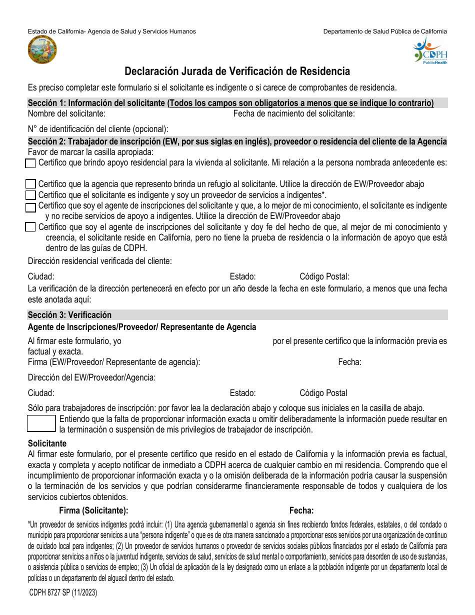Formulario CDPH8727 SP Declaracion Jurada De Verificacion De Residencia - California (Spanish), Page 1