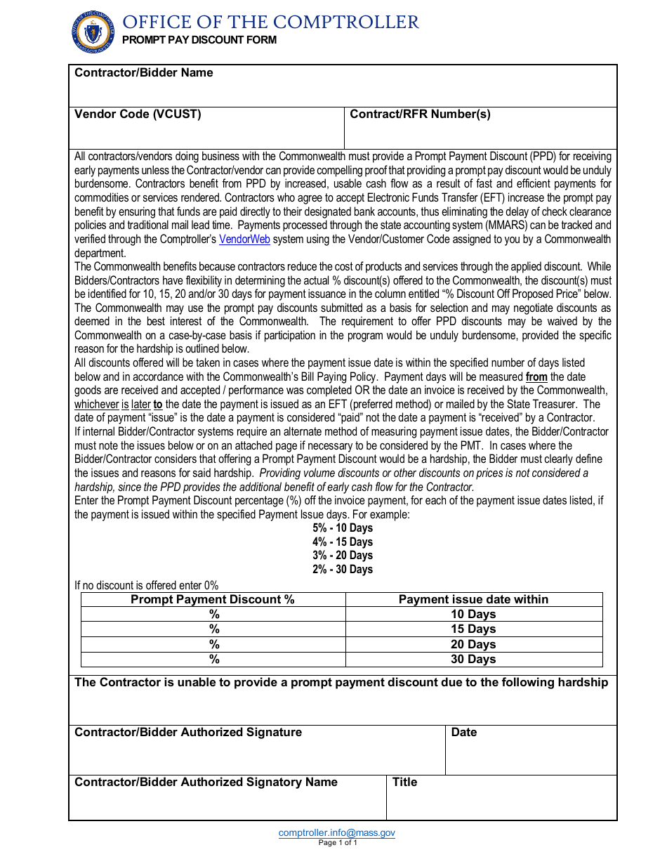 Prompt Pay Discount Form - Massachusetts, Page 1