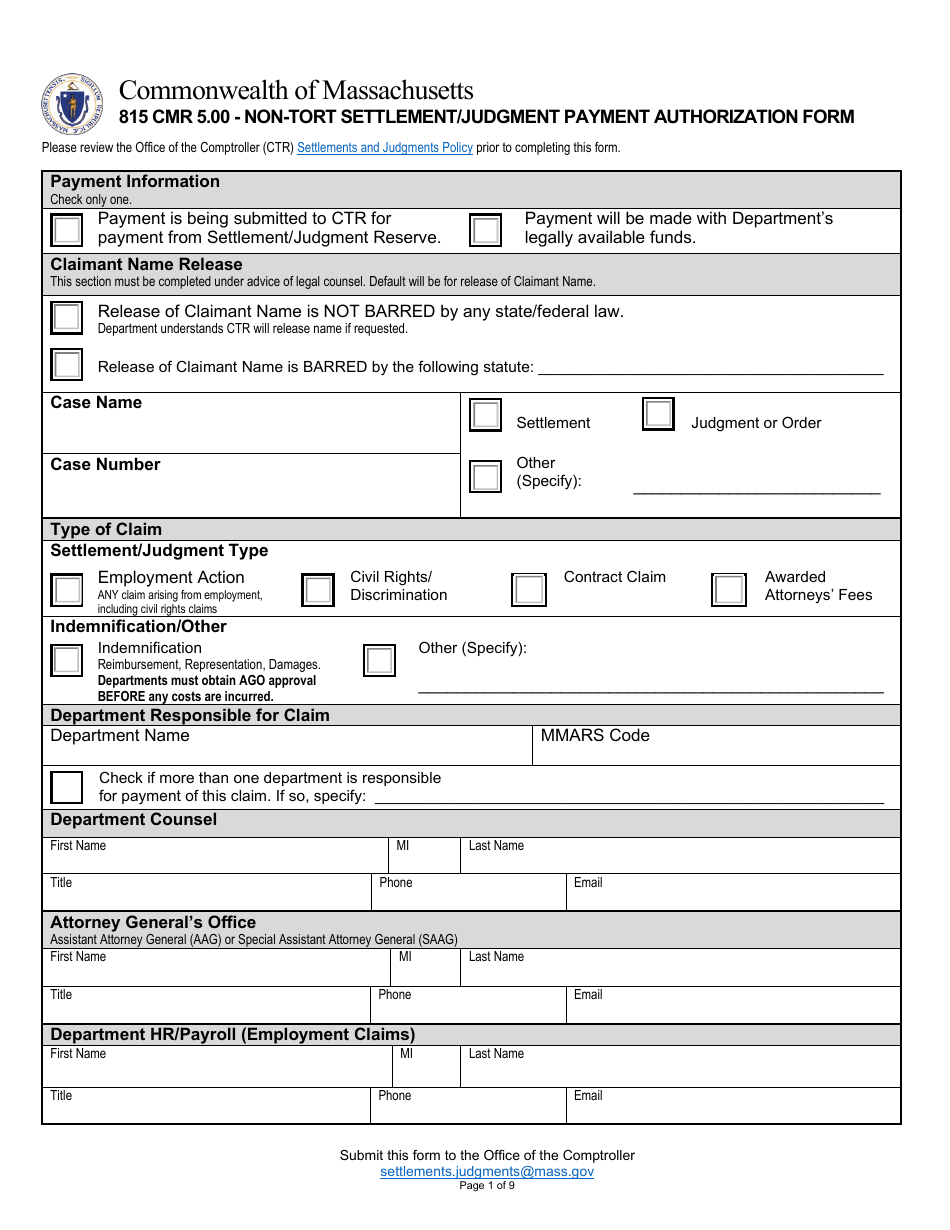 815 Cmr 5.00 - Non-tort Settlement / Judgment Payment Authorization Form - Massachusetts, Page 1