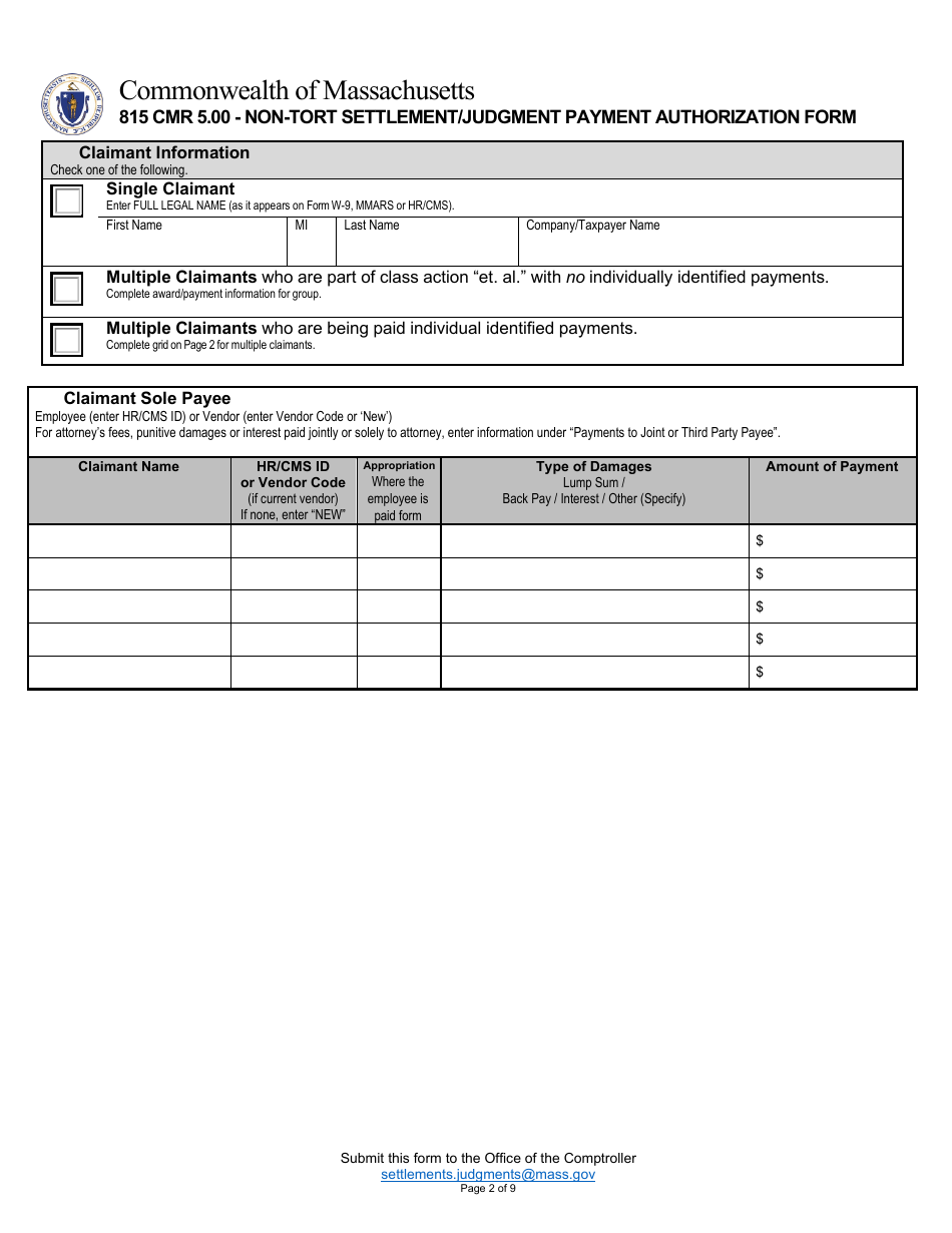 815 Cmr 5.00 - Non-tort Settlement / Judgment Payment Authorization Form - Massachusetts, Page 2