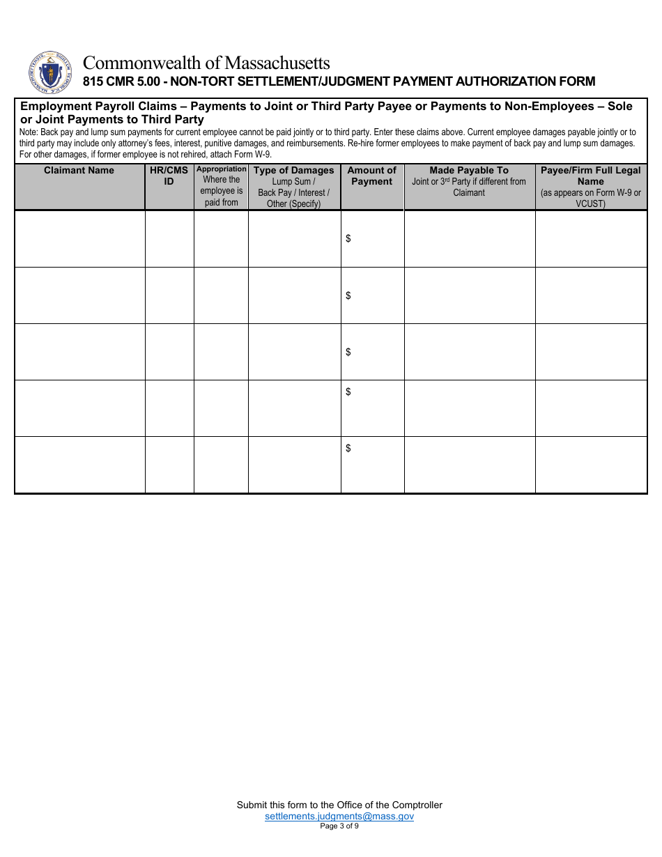 815 Cmr 5.00 - Non-tort Settlement / Judgment Payment Authorization Form - Massachusetts, Page 3