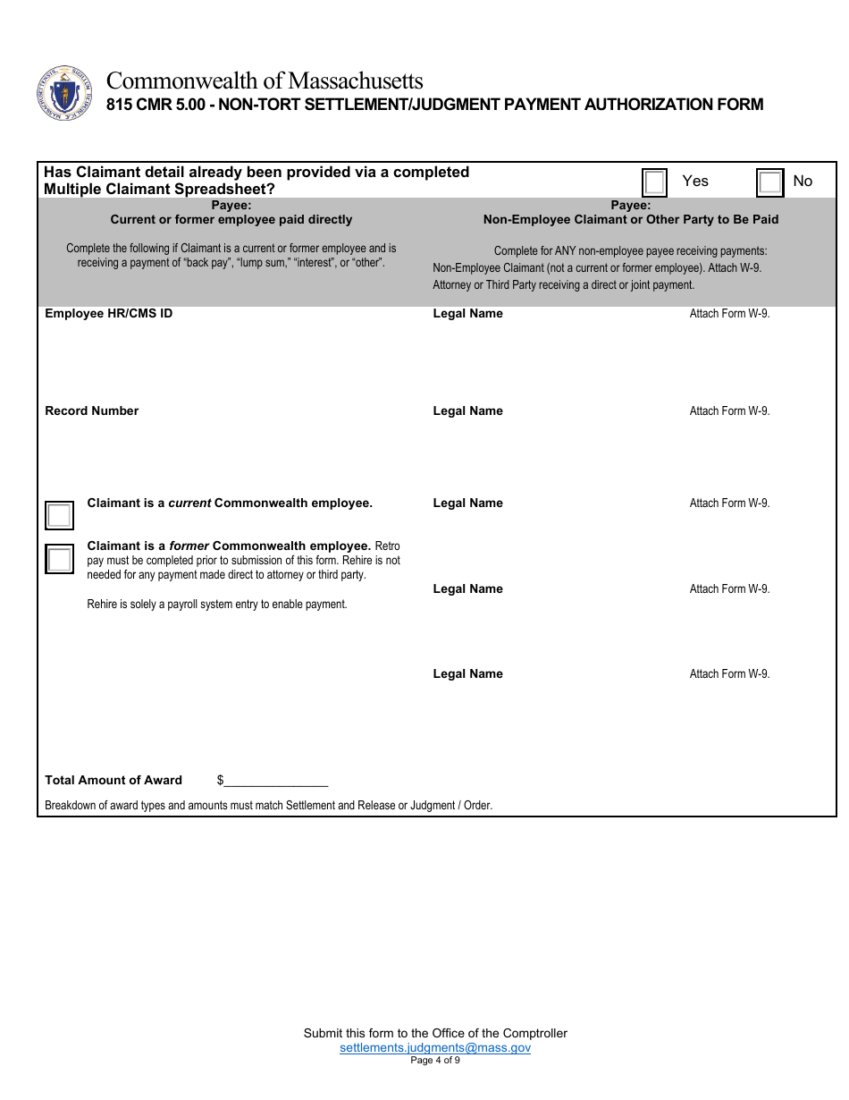 815 Cmr 5.00 - Non-tort Settlement / Judgment Payment Authorization Form - Massachusetts, Page 4