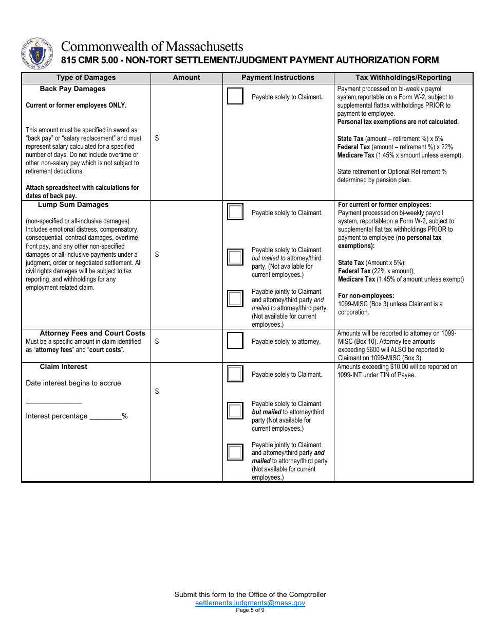 815 Cmr 5.00 - Non-tort Settlement / Judgment Payment Authorization Form - Massachusetts, Page 5