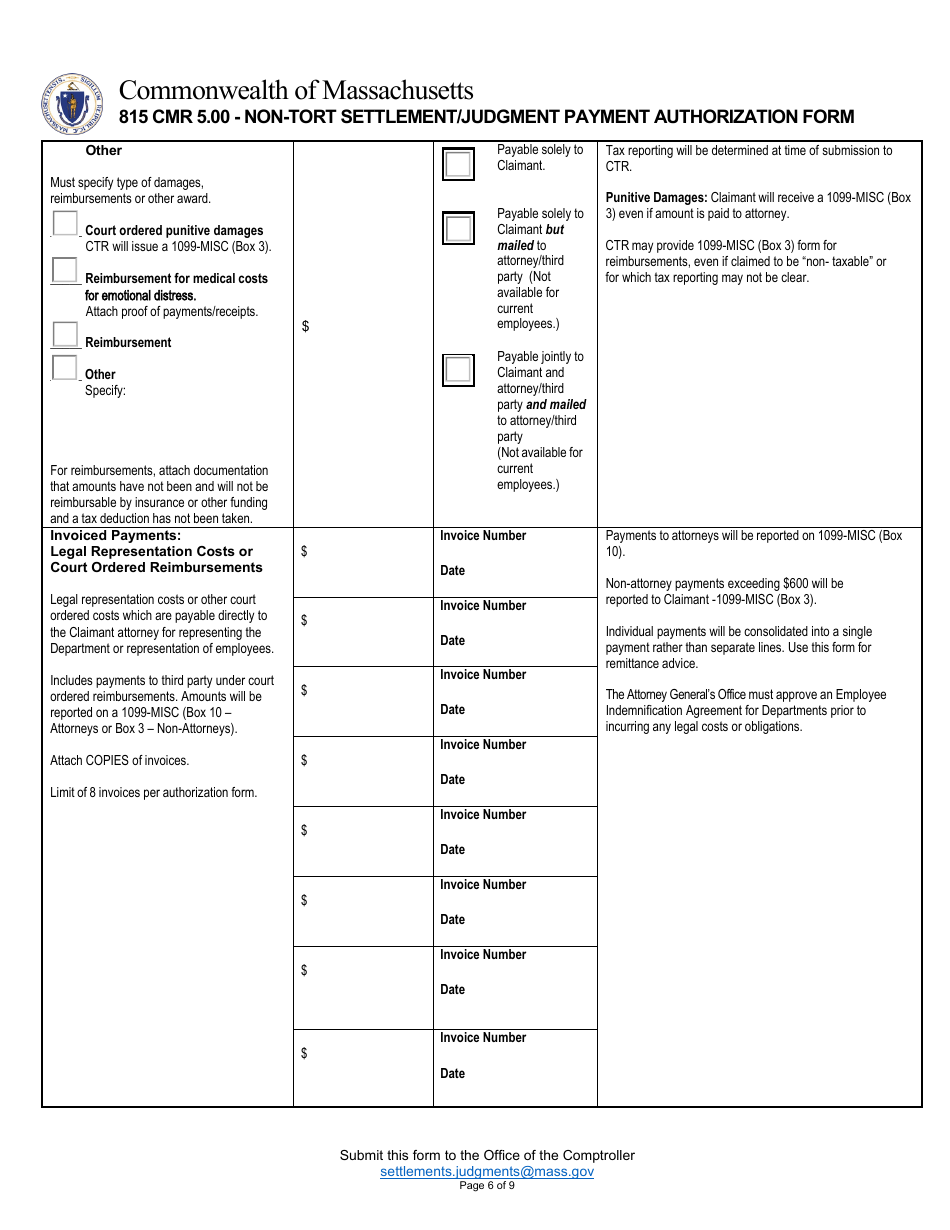 815 Cmr 5.00 - Non-tort Settlement / Judgment Payment Authorization Form - Massachusetts, Page 6