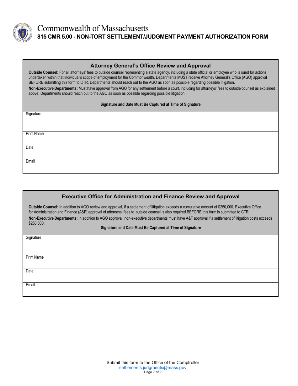 815 Cmr 5.00 - Non-tort Settlement / Judgment Payment Authorization Form - Massachusetts, Page 7