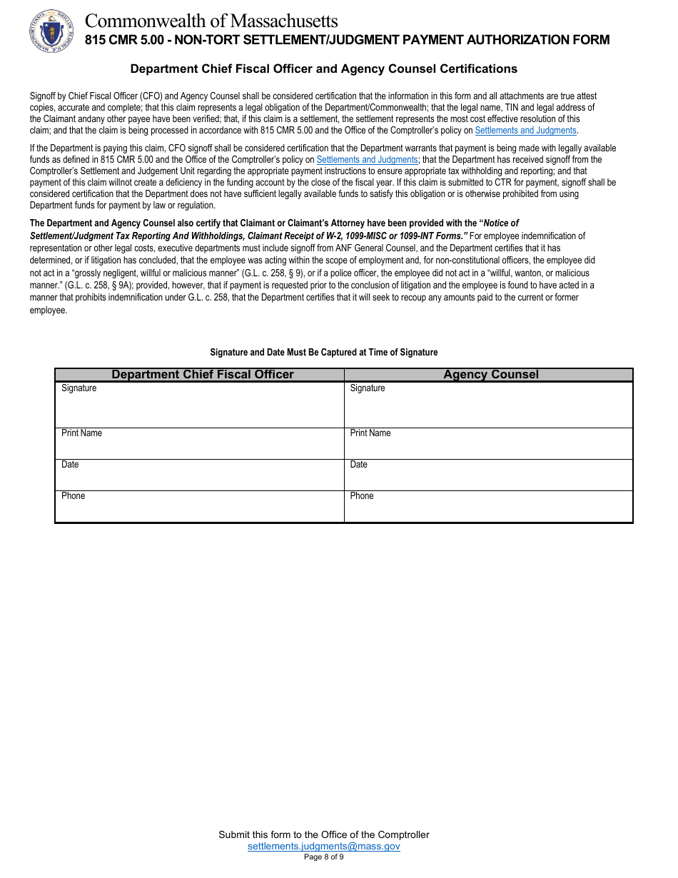 815 Cmr 5.00 - Non-tort Settlement / Judgment Payment Authorization Form - Massachusetts, Page 8