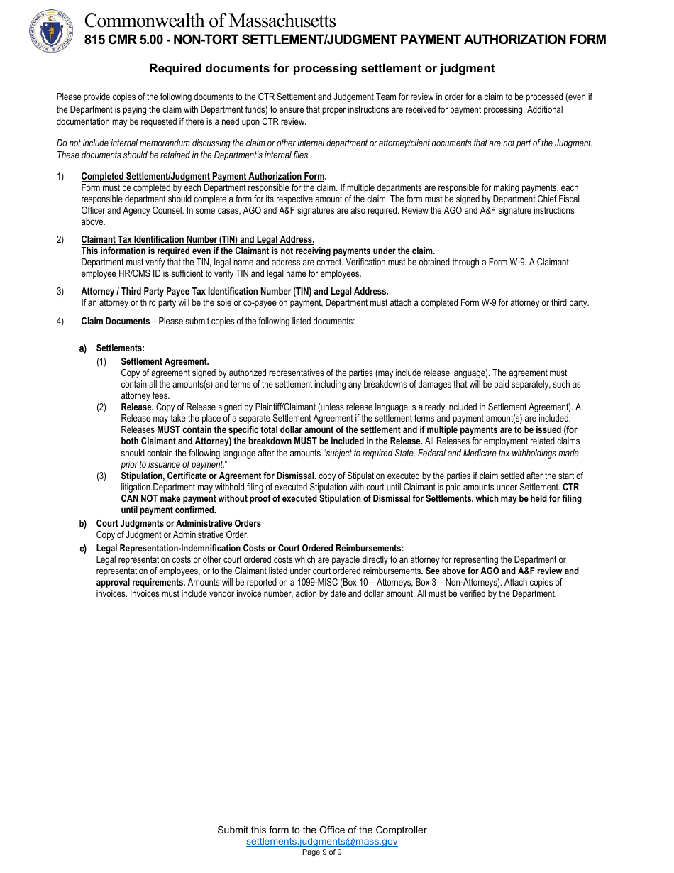 815 Cmr 5.00 - Non-tort Settlement / Judgment Payment Authorization Form - Massachusetts, Page 9