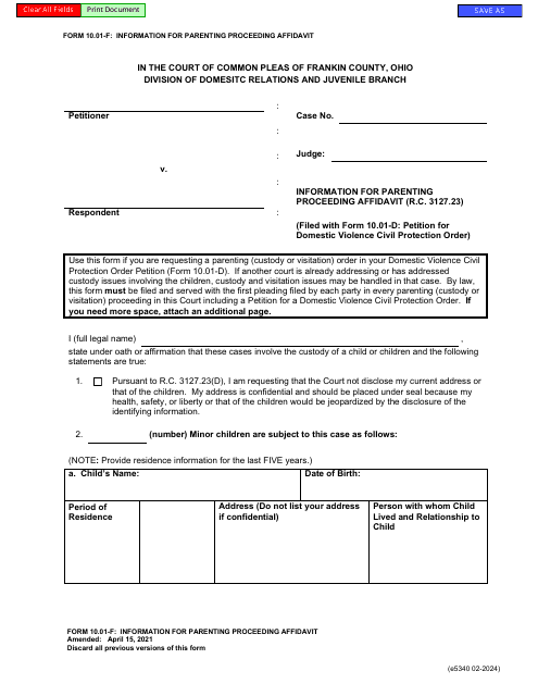 Form 10.01-F (E5340) Information for Parenting Proceeding Affidavit - Franklin County, Ohio