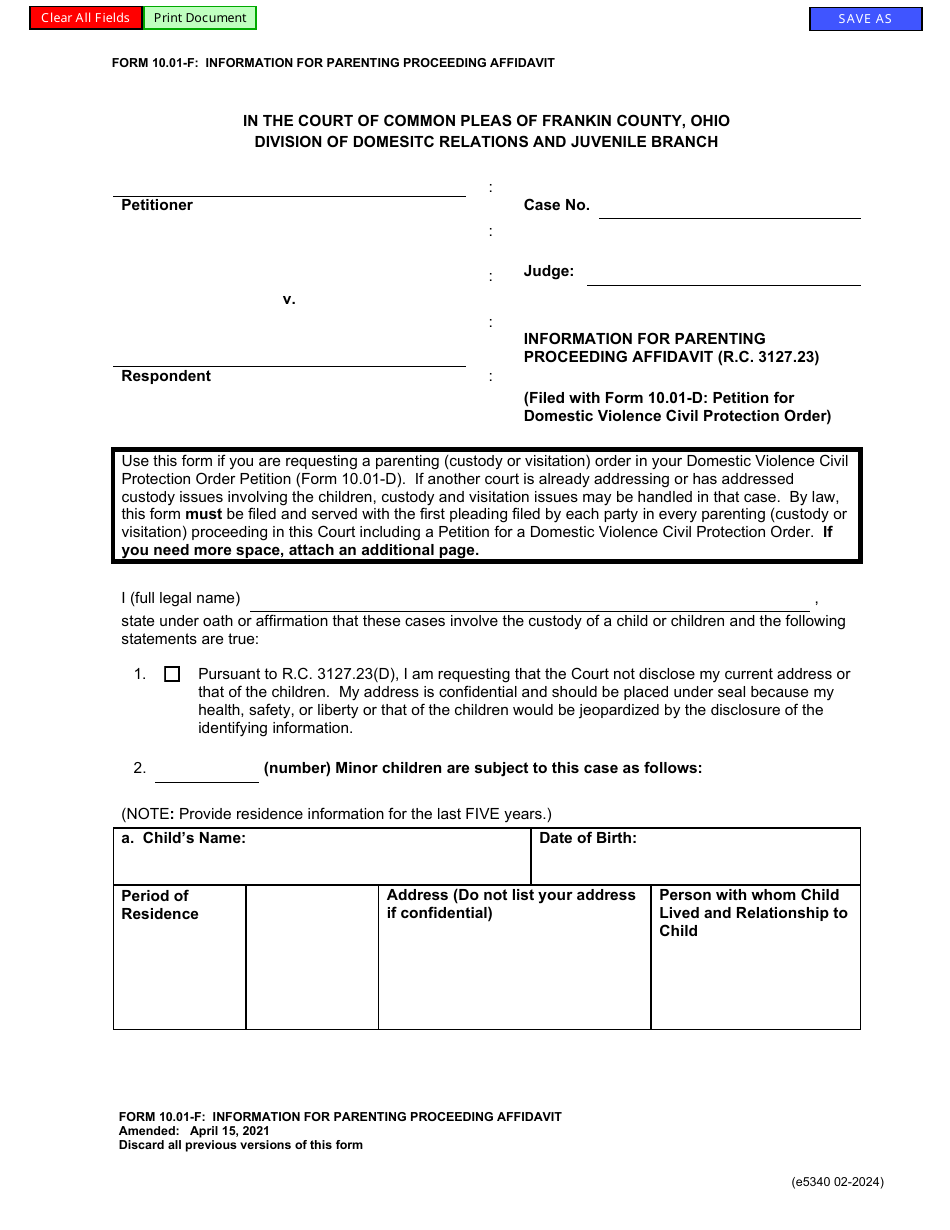 Form 10.01-F (E5340) Information for Parenting Proceeding Affidavit - Franklin County, Ohio, Page 1