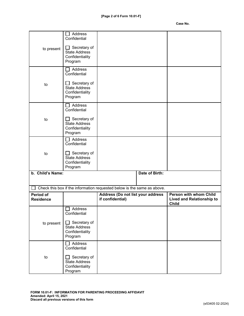 Form 10.01-F (E5340) Information for Parenting Proceeding Affidavit - Franklin County, Ohio, Page 2